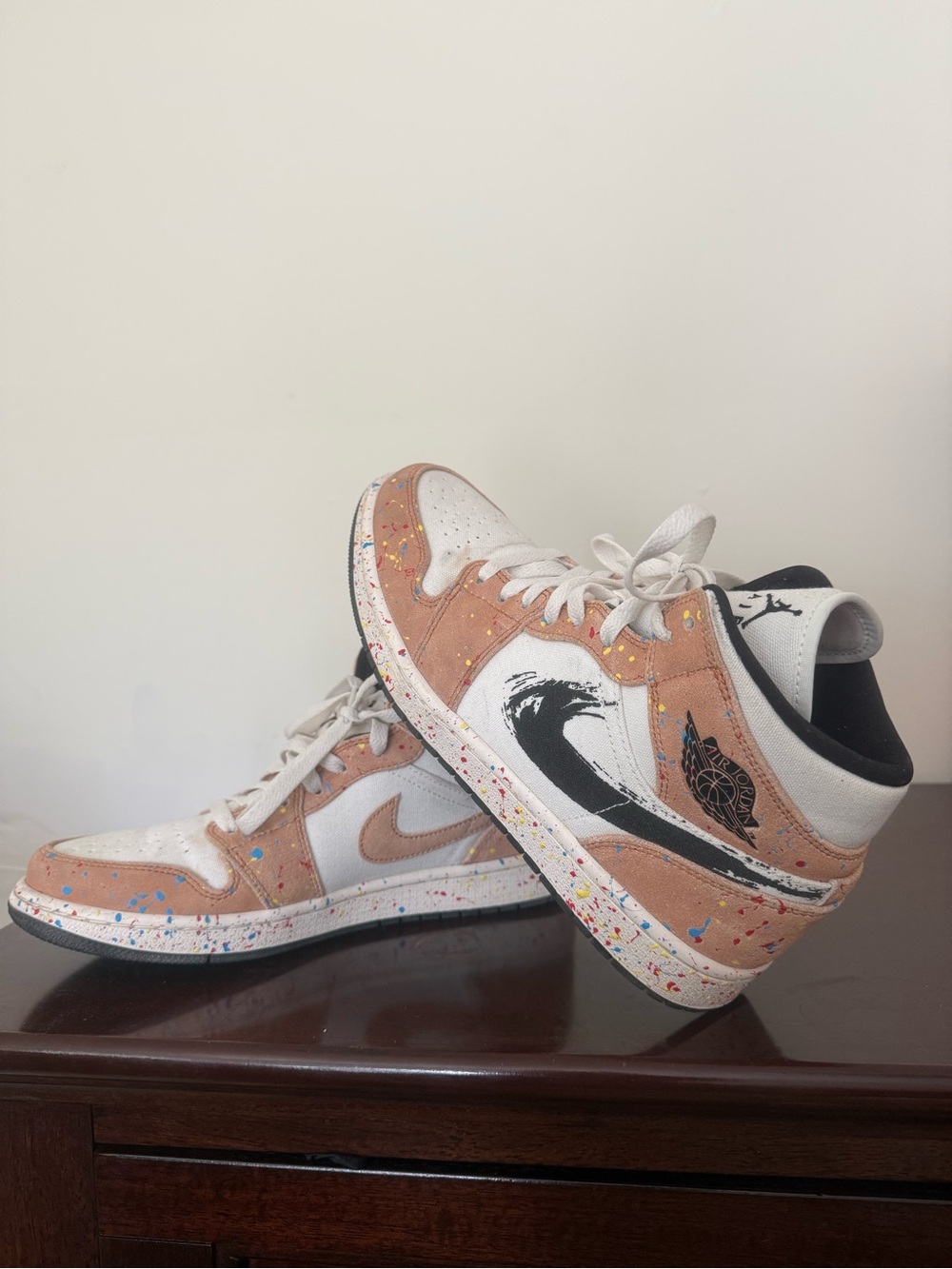 Jordan High-Top Sneakers in White, Tan and Black with Multicolor Paint-Splatter